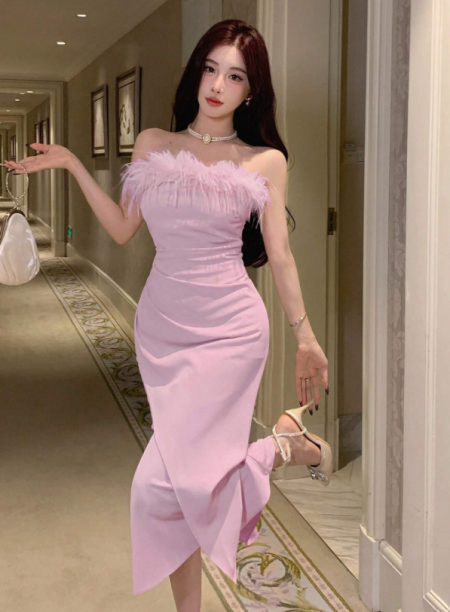 فستان متوسط الطول ضيق الخصر منحرف الكتف للنساء